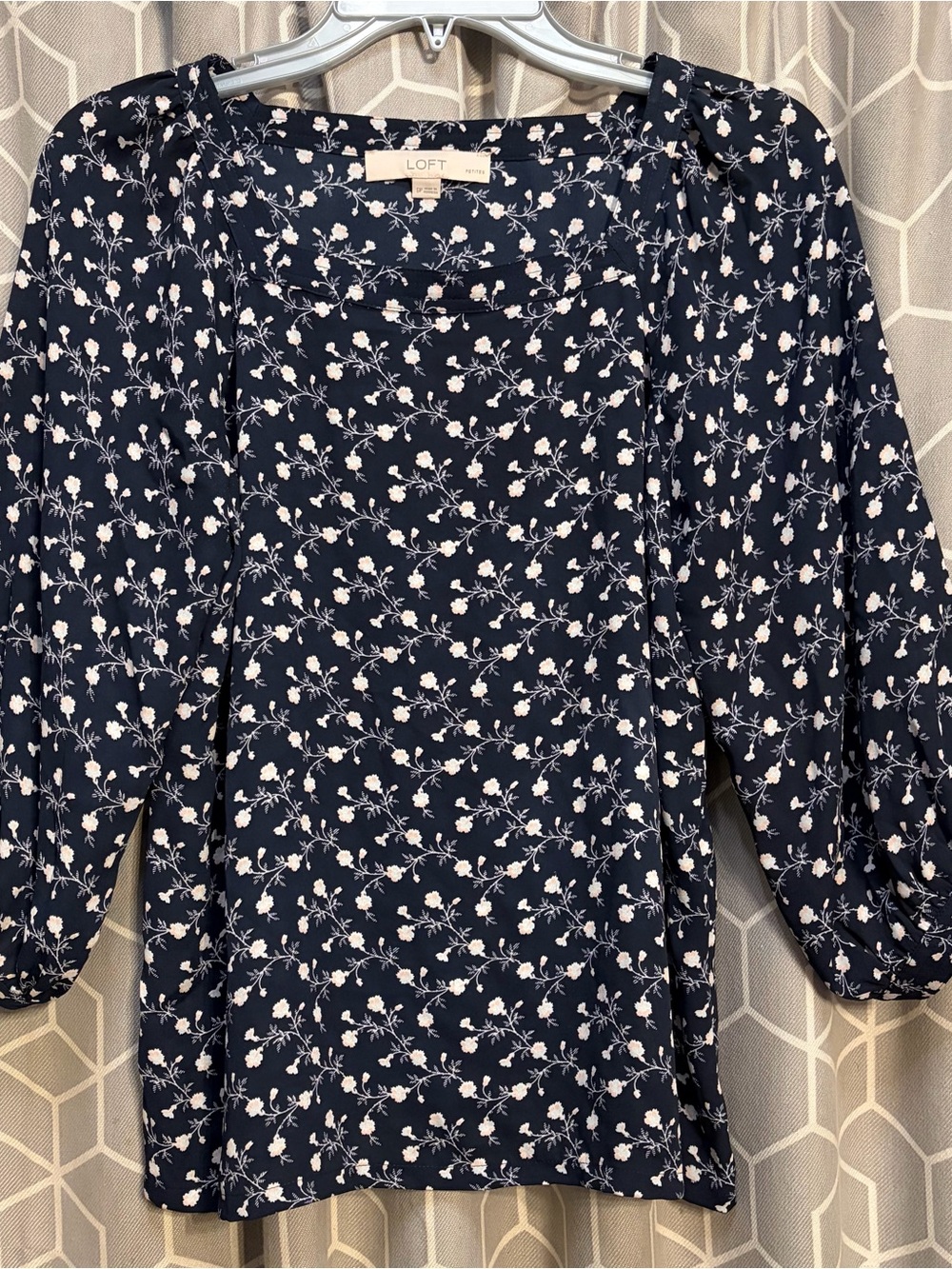 LOFT Navy Floral Puff-Sleeve Blouse